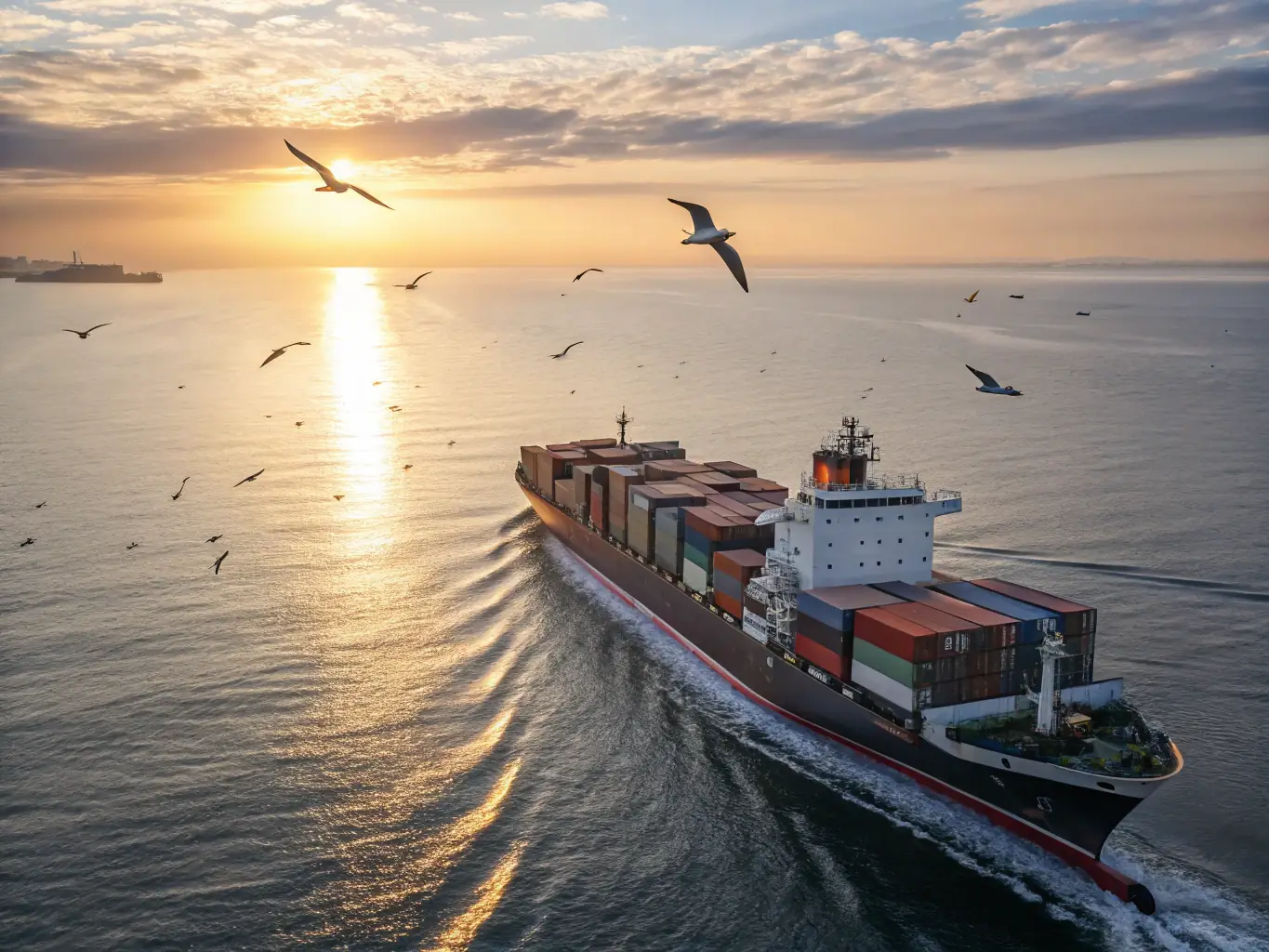 An image showcasing a cargo ship loaded with containers at sunset, symbolizing global trade and the import/export services offered by Yeşilce Dış Ticaret.